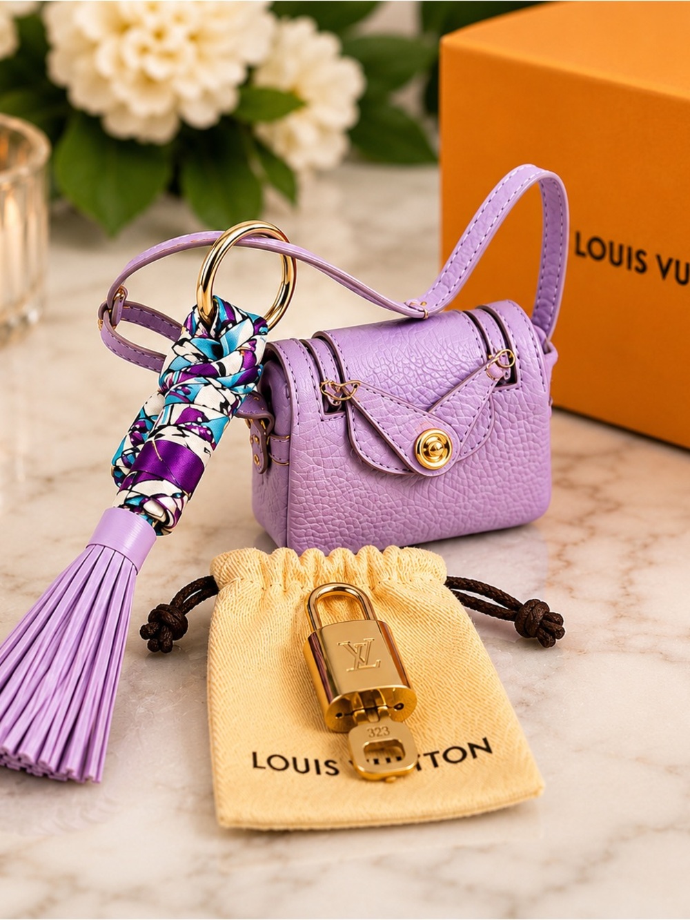 Louis Vuitton Padlock # 323 & Lavender Mini Bag Charm with Gold Hardware